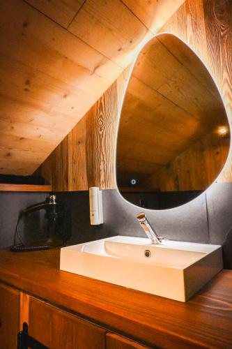a bathroom with a sink and a mirror on a counter at Le Schallern - Accès à pieds depuis le Gaschney in Muhlbach-sur-Munster