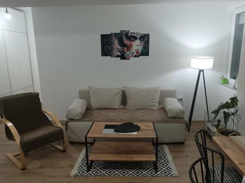 salon z kanapą, stołem i krzesłem w obiekcie A small paradise w mieście Skopje
