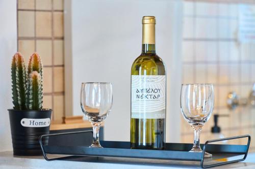 a bottle of wine and two wine glasses on a tray at Dolphin villa 1 in Gaios