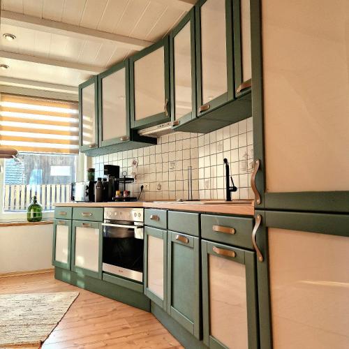 a kitchen with green cabinets and a stove at Select-Home 6 - Ferienhaus, Altstadt & Stadtpark in Neunburg vorm Wald