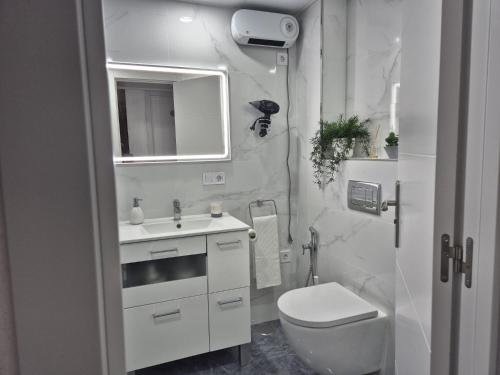 a bathroom with a toilet and a sink and a mirror at Habitaciones Torremolinos in Torremolinos