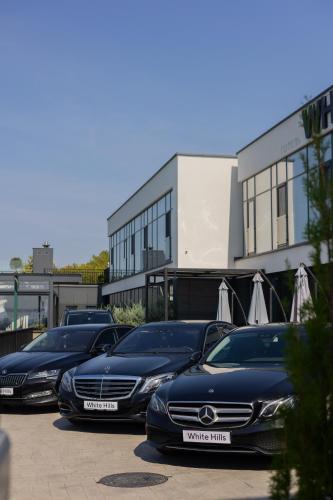 a row of cars parked in front of a building at WHITE HILLS HOTEL spa&sport in Uzhhorod