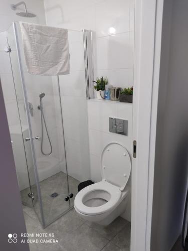 a small bathroom with a toilet and a shower at Savyon View Royal Suites - Alefimmoed in Jerusalem