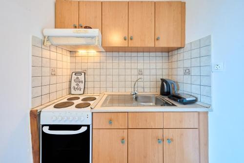 a small kitchen with a stove and a sink at Dolphin studio in Gaios