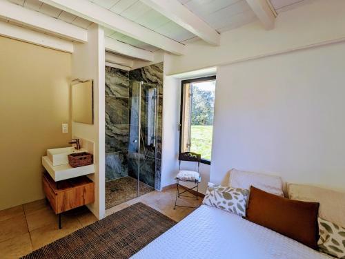 une chambre avec un lit et une douche en verre dans l'établissement Propriété en pleine nature,grands espaces,, Périgord Noir, piscine chauffée, climatisation,wifi, à Saint-Pardoux-et-Vielvic