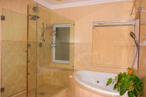 a bathroom with a shower and a bath tub at Dikalo Highston Boutique Guest house in Bryanston Sandton Johannesburg in Johannesburg