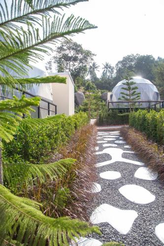 a garden with a walkway with rocks and plants at Sunny Side Resort Koh Tao in Koh Tao