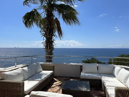 une terrasse avec des canapés, un palmier et l'océan dans l'établissement Très belle villa accès mer et vue panoramique, à Porto-Vecchio