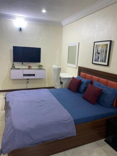 una camera da letto con un grande letto blu con una televisione sul muro di Studio apartment a Ikeja