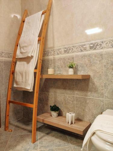 a wooden ladder in a bathroom with a toilet at O Soño de Santiago - Casa rural Mondoñedo, Galicia in Mondoñedo