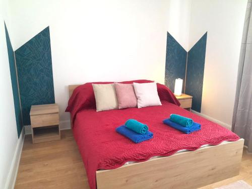 une chambre avec un lit avec deux oreillers bleus dessus dans l'établissement appart cosy 2 chb wifi jardin, à Châteauroux