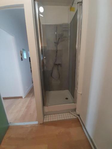 une douche avec une porte vitrée dans une salle de bain dans l'établissement appart cosy 2 chb wifi jardin, à Châteauroux