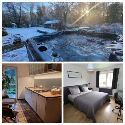 a collage of two pictures of a bedroom and a tub at B&B Le Bois de Champia in Huy