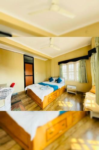 two pictures of a bedroom with a bed and a couch at POKHARA APARTMENTS INN in Pokhara