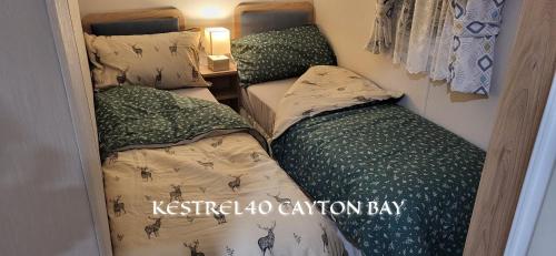 two bunk beds in a room with the words sisterliaction bay at Cayton Bay Kestrel40 in Cayton