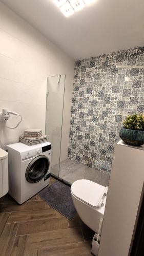 a bathroom with a washing machine and a toilet at APARTAMENT JARACZA 28 nr 4 in Słupsk