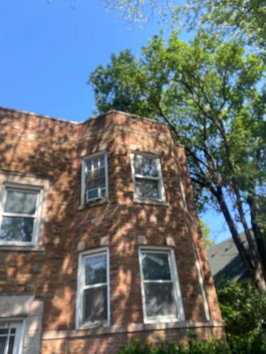a brick building with white windows and a tree at Modern 1BR Outdoor Space & Cozy Vibes in Chicago