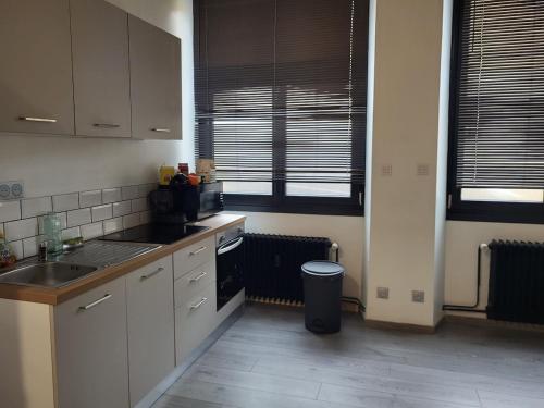 - une cuisine avec des armoires blanches et une poubelle dans l'établissement Le Loft, à Épinal