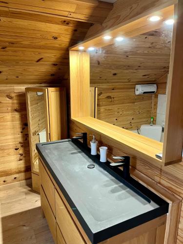 - une salle de bains pourvue d'un lavabo dans une cabine en bois dans l'établissement Studio Les Glycines, à Pouilly-les-Nonains