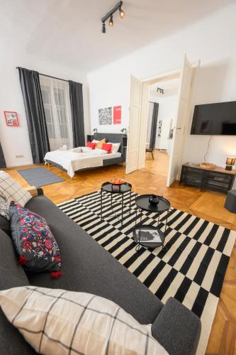 a living room with a black and white rug at Spacious apartment in Graz for 6 people in Graz