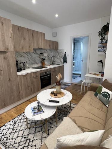 un salon avec un canapé et une table dans l'établissement Studio Cocon, à Lingolsheim