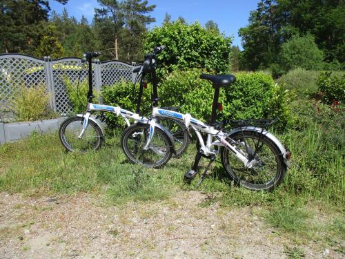 two bikes parked next to each other in the grass at Apartment Fledermäuschen in Graal-Müritz