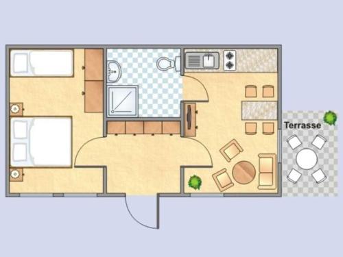 un plan d'étage d'une maison avec dans l'établissement Bungalow mit Terrasse, à Glowe