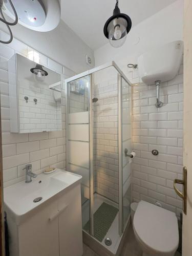 a bathroom with a shower and a toilet and a sink at Casa Nico and Vico in Scalea