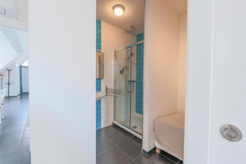 a bathroom with a shower and a toilet at Weststraat 22 - Ouddorp - Appartement Oost 3P in Ouddorp