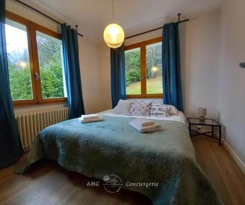 Un dormitorio con una cama grande con cortinas azules. en Le Panorama du Lac - Vue Splendide ! - à 3mn du Lac, en Veyrier-du-Lac