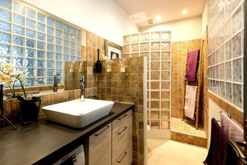 une salle de bain avec un lavabo blanc et une douche dans l'établissement Aigues-Mortes remparts, renovated old apartment, à Aigues-Mortes