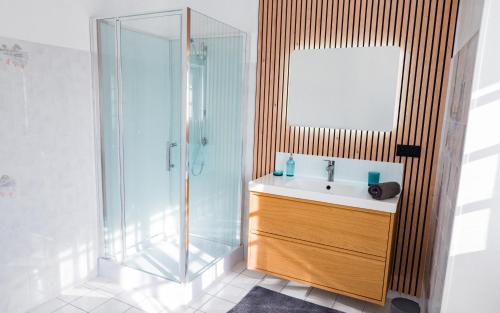 une salle de bain avec un lavabo et une douche en verre dans l'établissement Gîte du Lac, à Largillay-Marsonnay