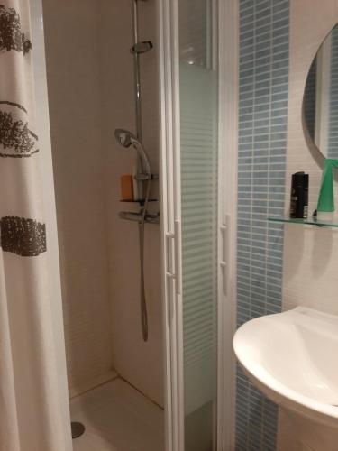 une salle de bain avec douche et lavabo dans l'établissement Penty in Beg Meil, à Fouesnant