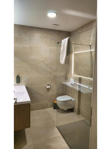 a bathroom with a toilet and a sink and a shower at Chez Agnès in Auzéville-en-Argonne