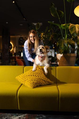 une femme tenant un chien sur un canapé dans l'établissement CONTI HOTEL VILNIUS, Conference Centre, Restaurant & Bar, à Vilnius