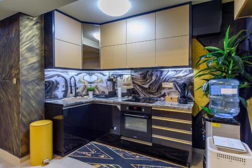 Una cocina con gabinetes negros y un fregadero. en XSpa Apartment cryptocurrency pay available, en Novi Sad