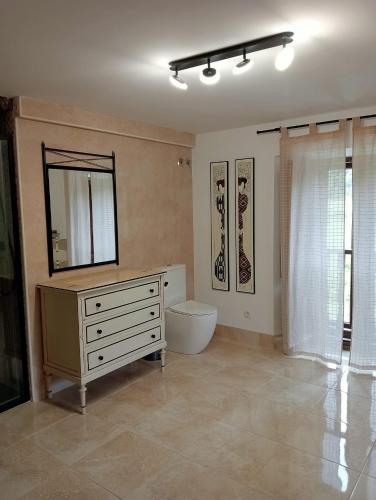 a bathroom with a sink and a toilet and a mirror at Las Gallinas de María in San Miguel de Aras