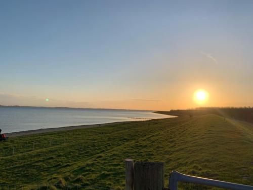 a sunset on a beach with the sun setting at Charmante woning omheinde tuin, dichtbij strandje VP023 in Herkingen