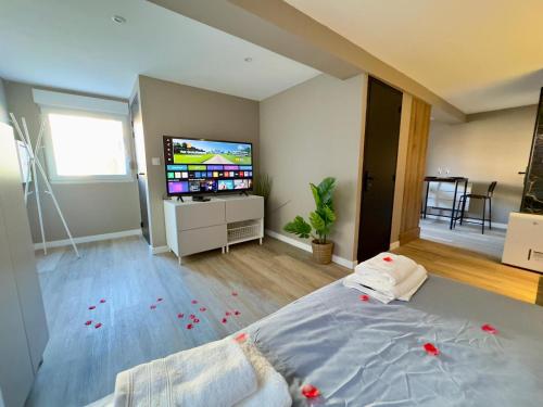 a bedroom with a bed and a flat screen tv at Suite Romantique - Balneo Privé - Parking in Douai