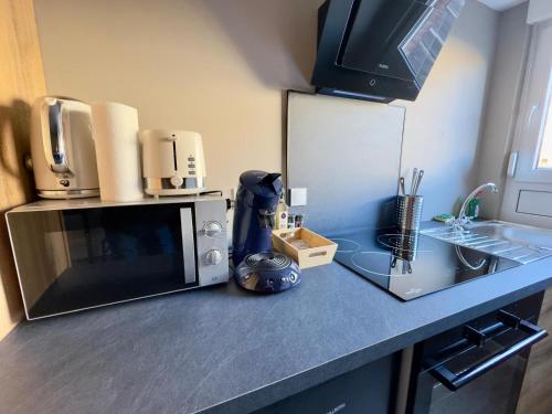 a kitchen counter with a microwave and a sink at Suite Romantique - Balneo Privé - Parking in Douai