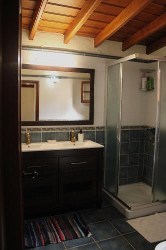a bathroom with a sink and a shower with a mirror at Falcon Crest in Puntagorda