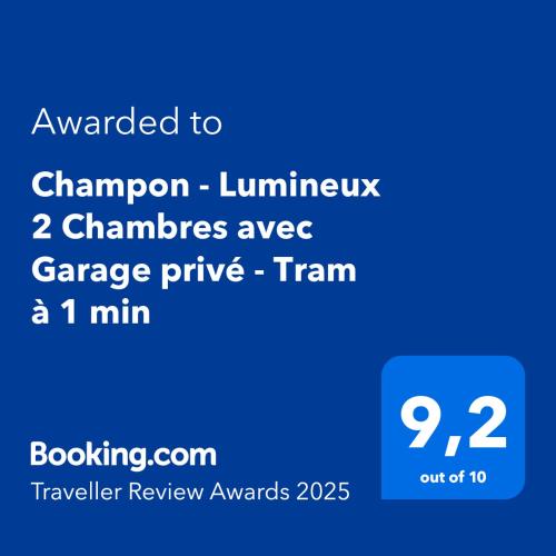 Capture d'écran d'un téléphone portable avec le texte mis à niveau pour défendre les champions de la luminosité dans l'établissement Champon - Lumineux 2 Chambres avec Garage privé - Tram à 1 min, à Grenoble