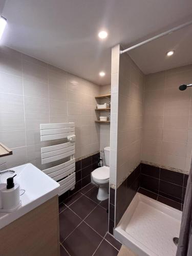 une salle de bain avec toilettes, lavabo et douche dans l'établissement Joli studio cabine en face de la Mer wifi et terrasse 4AJOU148, à Canet