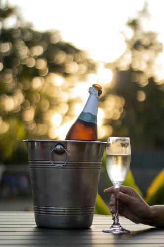 a bucket with a bottle of champagne and a glass at Cataratas Park Hotel e Eventos in Foz do Iguaçu