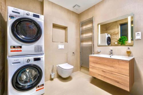 沃拉里Apartmány Na výsluní Šumava - U lípy的配有洗衣机和水槽的浴室