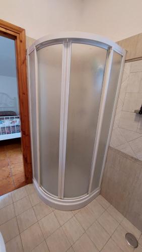 a shower in a bathroom with a glass door at Villa Damiano in Tarquinia