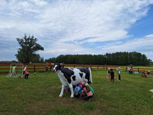 a statue of a cow in a field with people at Zagroda Zabłocie Jurty in Zabłocie