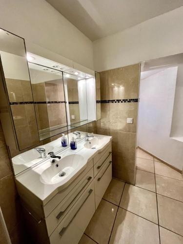 une salle de bain avec un lavabo et un miroir dans l'établissement Studio Les Tilleuls, à Pouilly-les-Nonains