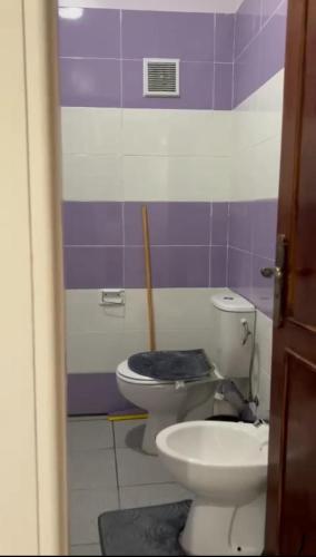 a bathroom with a toilet with a plunger next to it at plateau appartement safi in Safi