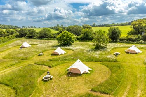 a group of tents in the middle of a field at Red Clover at Blancas Bell Tents in Ringstead